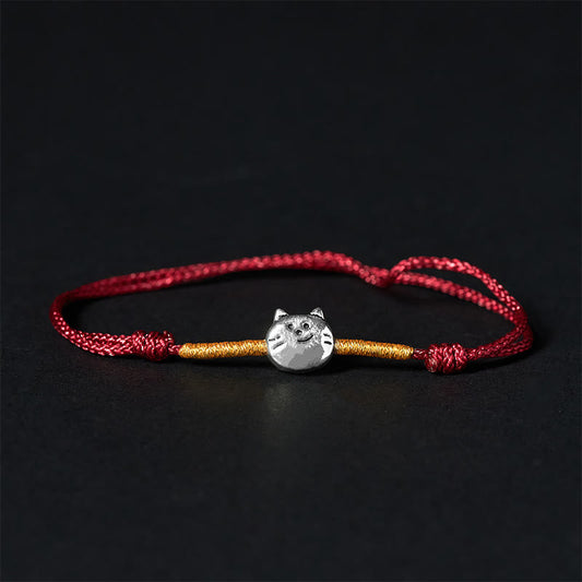 Wear FengShui 925 Sterling Silver Cute Cat Red String Braided Bracelet