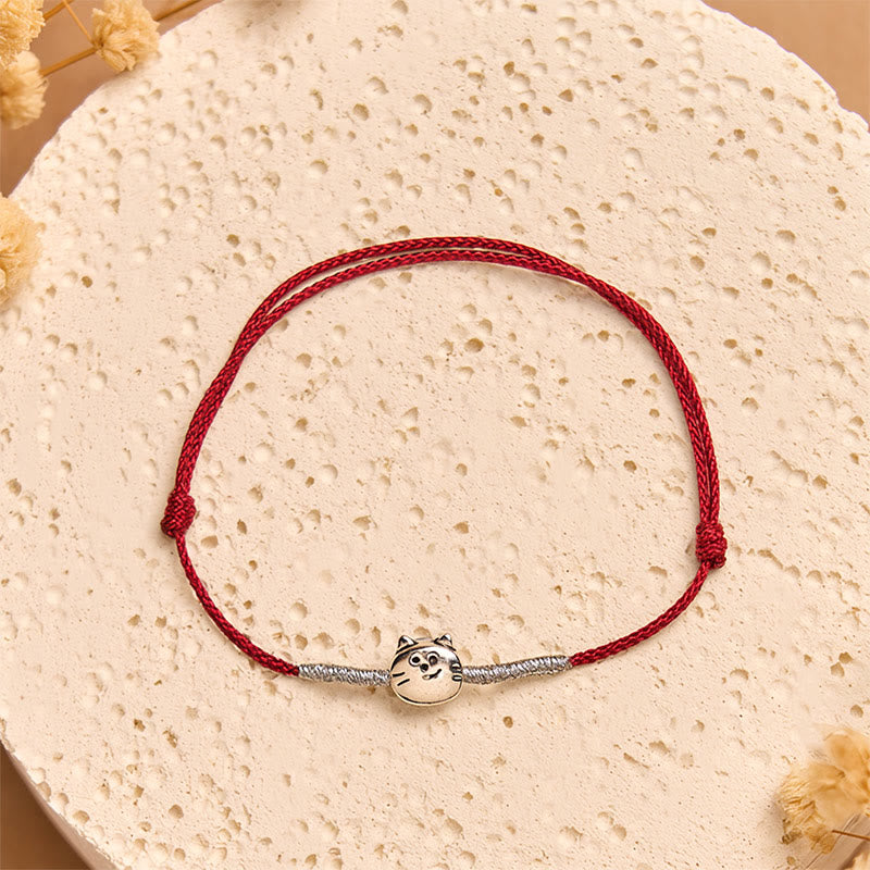 Wear FengShui 925 Sterling Silver Cute Cat Red String Braided Bracelet