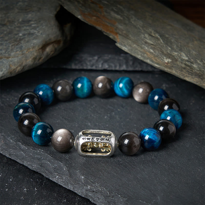 Wear FengShui Natural Silver Sheen Obsidian Blue Tiger Eye Om Mani Padme Hum Soothing Bracelet