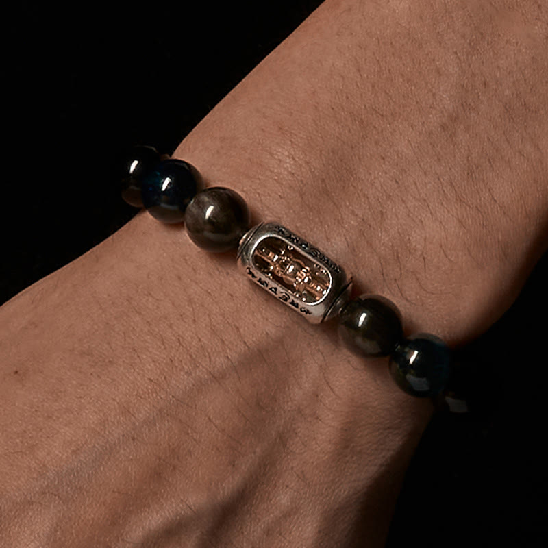Wear FengShui Natural Silver Sheen Obsidian Blue Tiger Eye Om Mani Padme Hum Soothing Bracelet