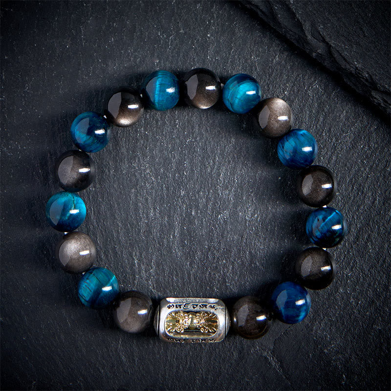 Wear FengShui Natural Silver Sheen Obsidian Blue Tiger Eye Om Mani Padme Hum Soothing Bracelet