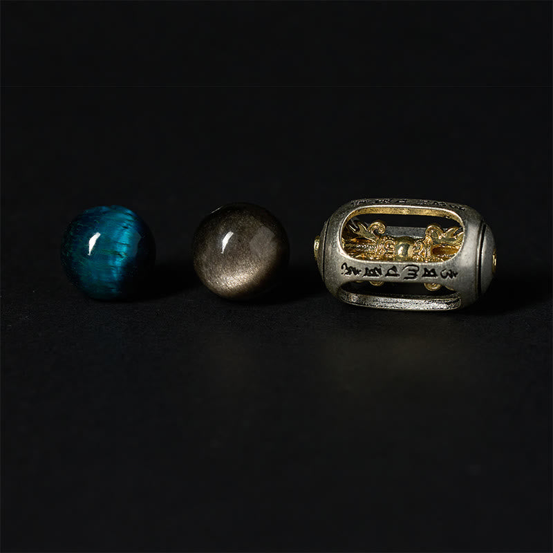 Wear FengShui Natural Silver Sheen Obsidian Blue Tiger Eye Om Mani Padme Hum Soothing Bracelet
