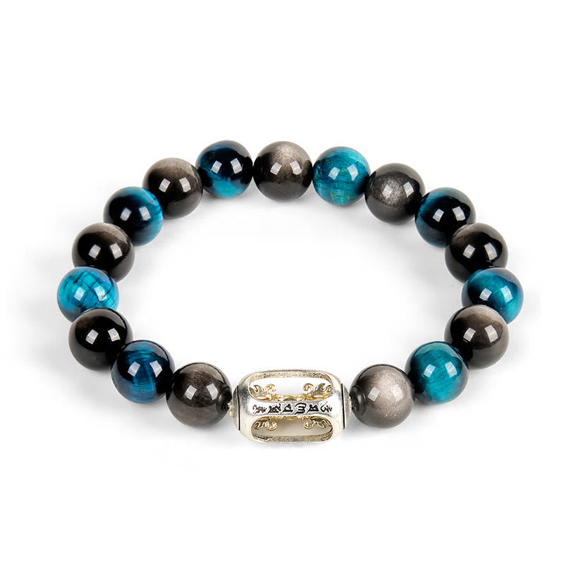 Wear FengShui Natural Silver Sheen Obsidian Blue Tiger Eye Om Mani Padme Hum Soothing Bracelet