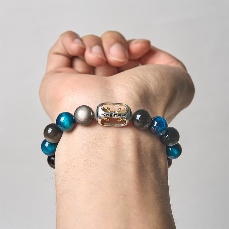 Wear FengShui Natural Silver Sheen Obsidian Blue Tiger Eye Om Mani Padme Hum Soothing Bracelet