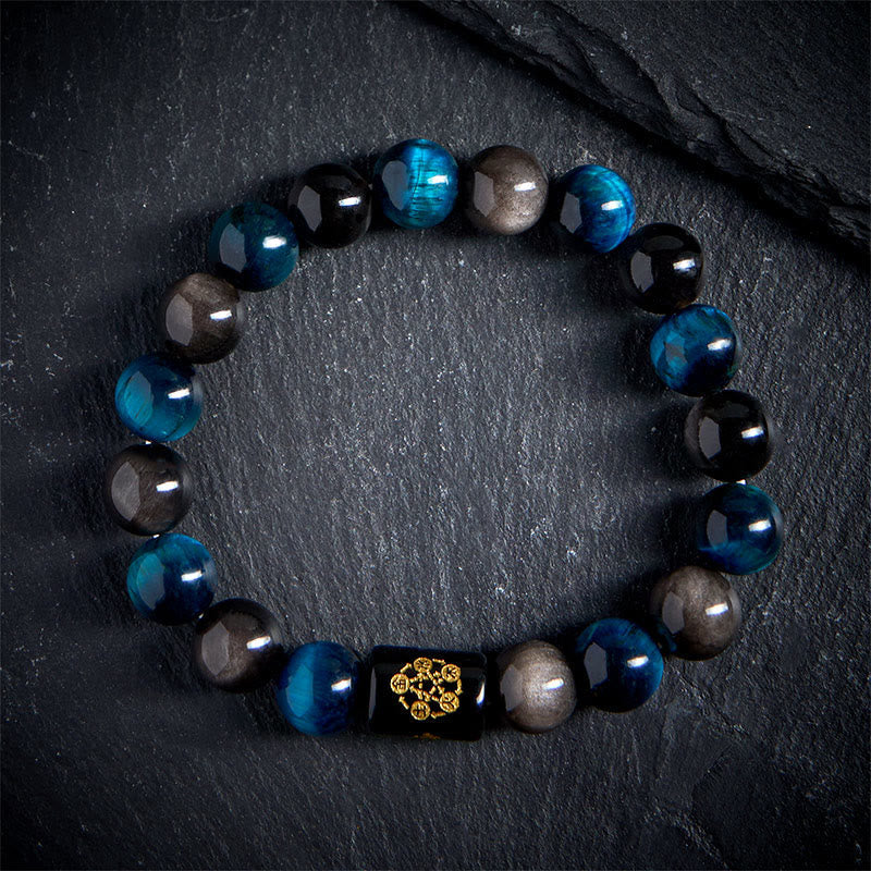 Wear FengShui Silver Sheen Obsidian Blue Tiger Eye Black Onyx Five Elements Protection Bracelet