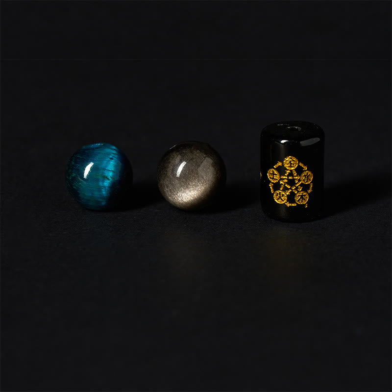 Wear FengShui Silver Sheen Obsidian Blue Tiger Eye Black Onyx Five Elements Protection Bracelet