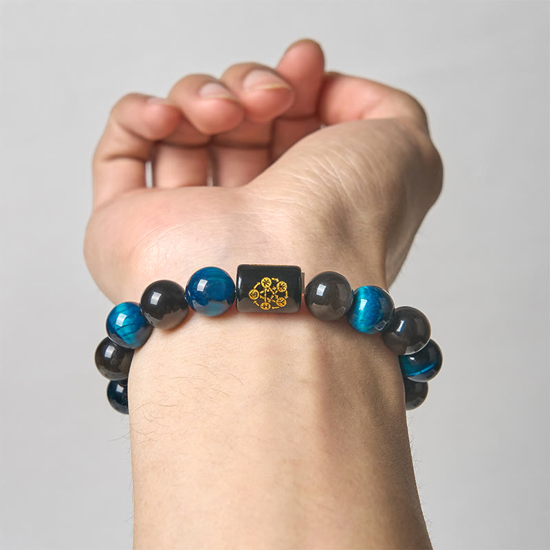 Wear FengShui Silver Sheen Obsidian Blue Tiger Eye Black Onyx Five Elements Protection Bracelet