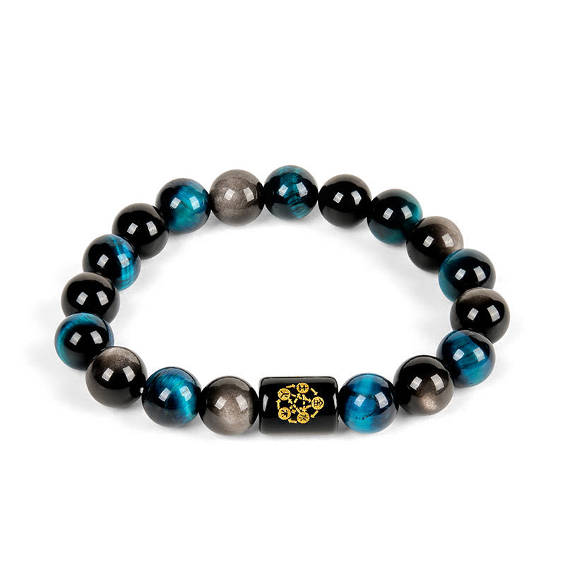 Wear FengShui Silver Sheen Obsidian Blue Tiger Eye Black Onyx Five Elements Protection Bracelet