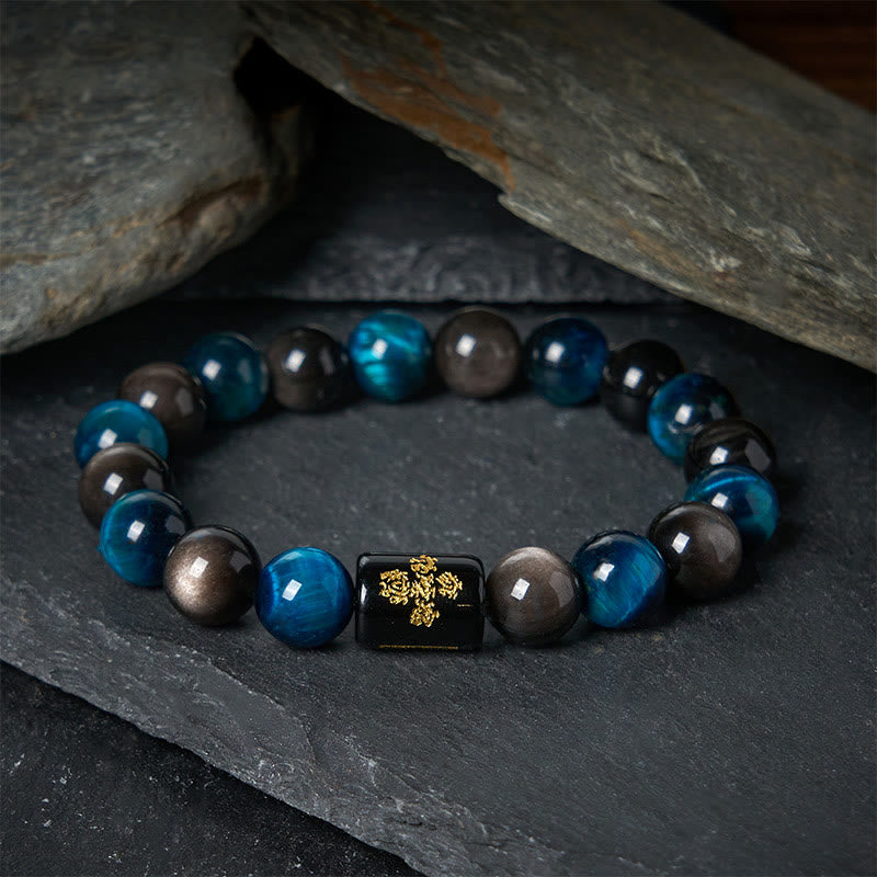 Wear FengShui Silver Sheen Obsidian Blue Tiger Eye Black Onyx Five Elements Protection Bracelet