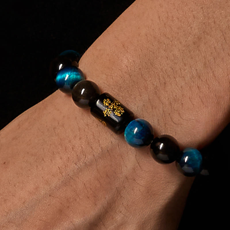 Wear FengShui Silver Sheen Obsidian Blue Tiger Eye Black Onyx Five Elements Protection Bracelet