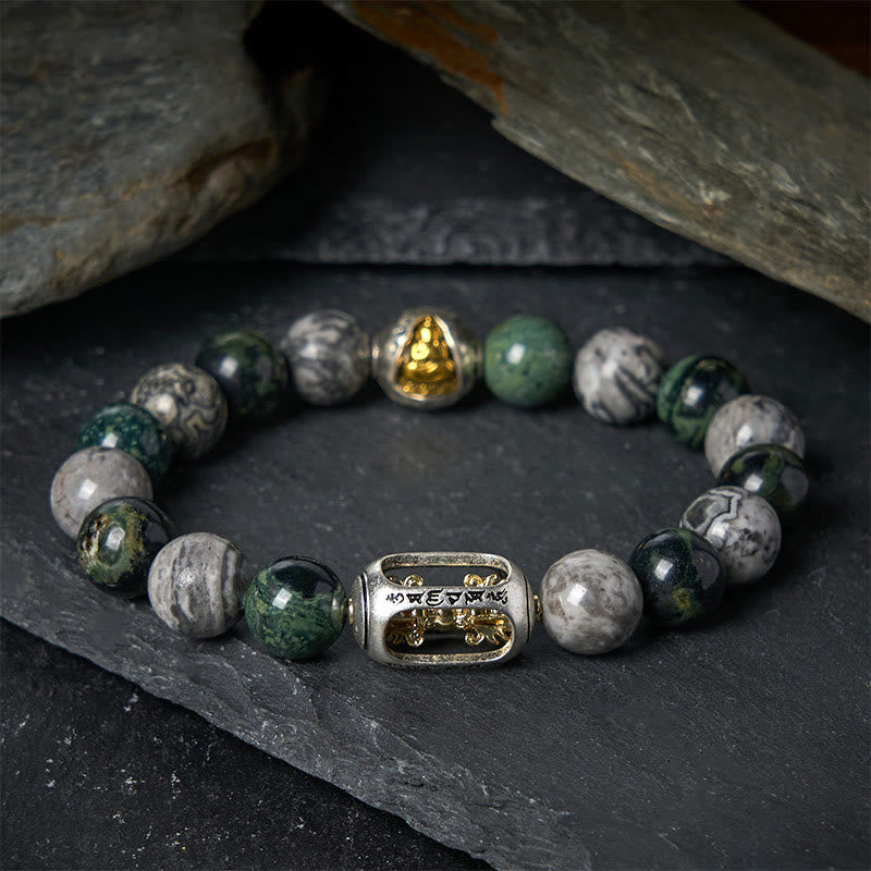 Wear FengShui Natural Grey Jasper Kambamba Jasper Om Mani Padme Hum Formless Buddha Healing Bracelet