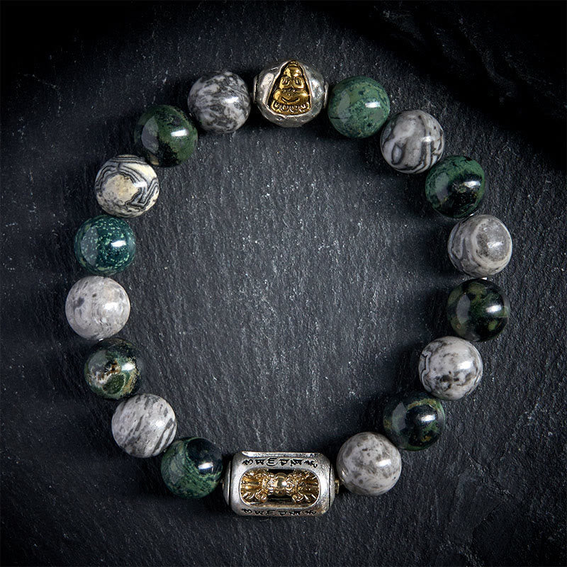 Wear FengShui Natural Grey Jasper Kambamba Jasper Om Mani Padme Hum Formless Buddha Healing Bracelet