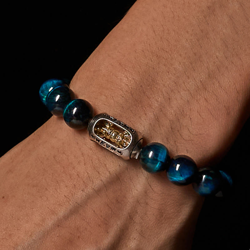 Wear FengShui Natural Blue Tiger Eye Om Mani Padme Hum Strength Bracelet