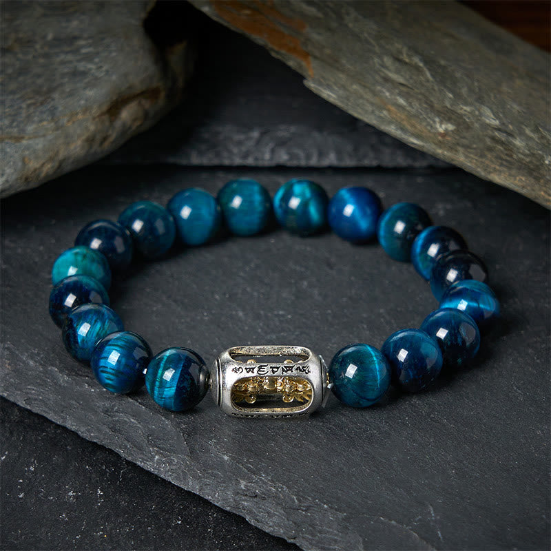 Wear FengShui Natural Blue Tiger Eye Om Mani Padme Hum Strength Bracelet