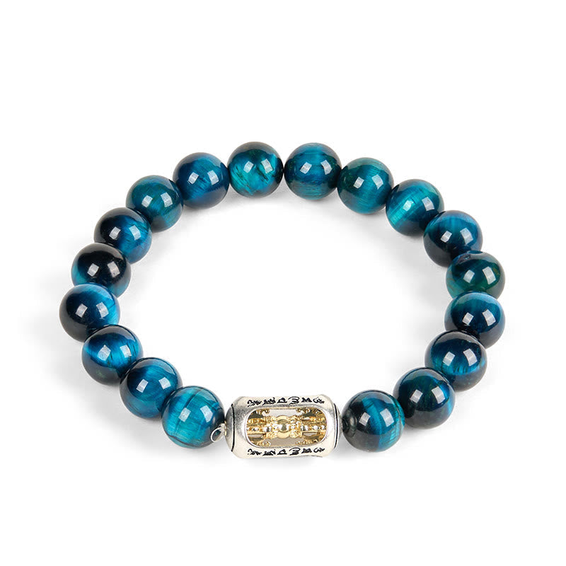 Wear FengShui Natural Blue Tiger Eye Om Mani Padme Hum Strength Bracelet