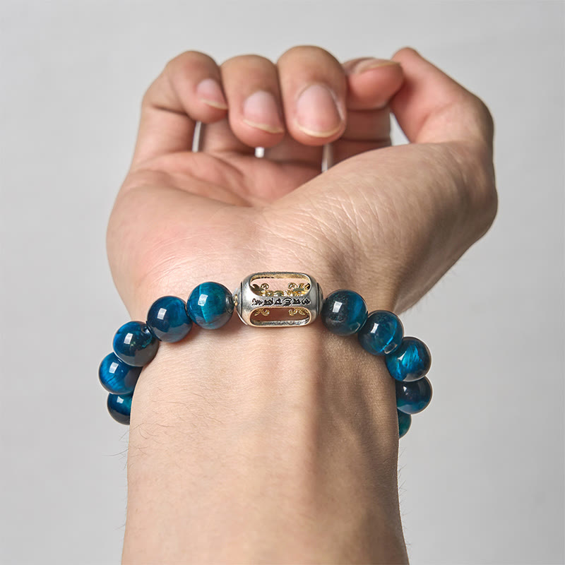 Wear FengShui Natural Blue Tiger Eye Om Mani Padme Hum Strength Bracelet