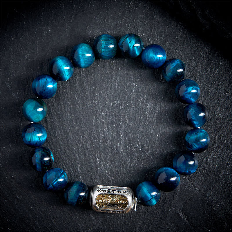 Wear FengShui Natural Blue Tiger Eye Om Mani Padme Hum Strength Bracelet