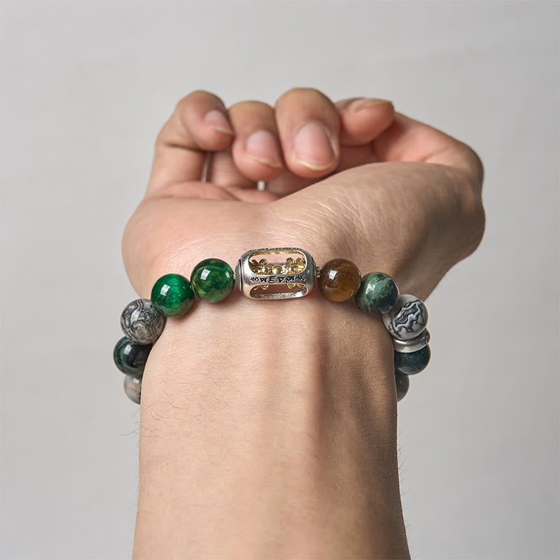 Wear FengShui Natural Grey Jasper Kambamba Jasper Tiger Eye Om Mani Padme Hum Protection Bracelet
