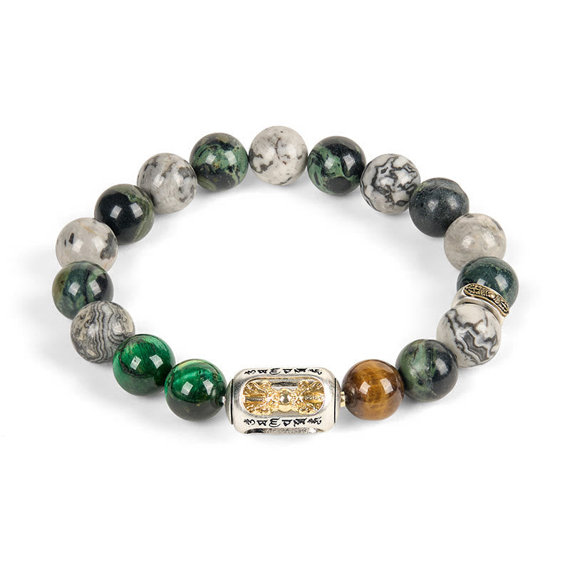 Wear FengShui Natural Grey Jasper Kambamba Jasper Tiger Eye Om Mani Padme Hum Protection Bracelet