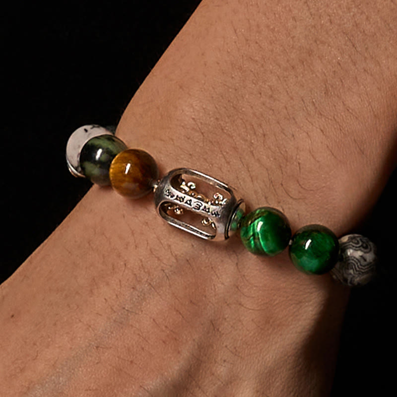 Wear FengShui Natural Grey Jasper Kambamba Jasper Tiger Eye Om Mani Padme Hum Protection Bracelet