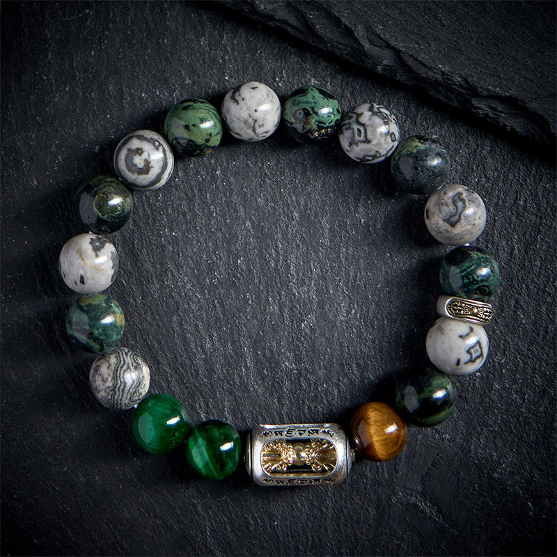 Wear FengShui Natural Grey Jasper Kambamba Jasper Tiger Eye Om Mani Padme Hum Protection Bracelet