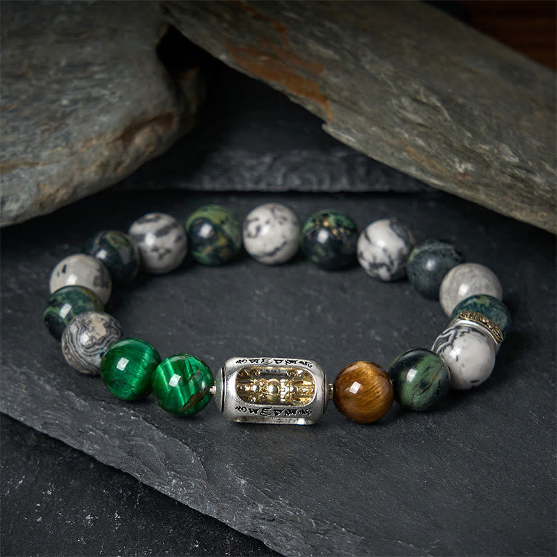 Wear FengShui Natural Grey Jasper Kambamba Jasper Tiger Eye Om Mani Padme Hum Protection Bracelet