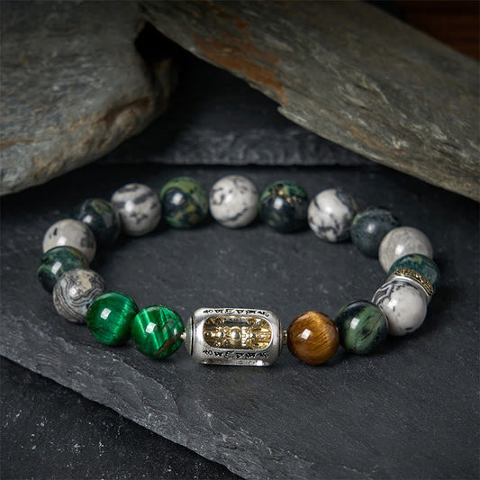 Wear FengShui Natural Grey Jasper Kambamba Jasper Tiger Eye Om Mani Padme Hum Protection Bracelet
