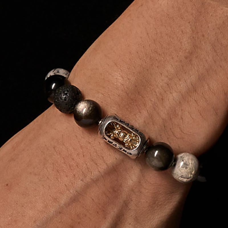 Wear FengShui Silver Sheen Obsidian Lava Rock Grey Jasper Om Mani Padme Hum Vajra Soothing Bracelet