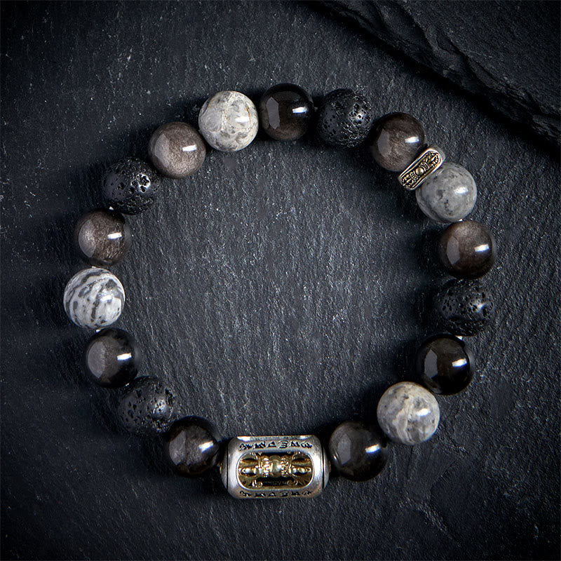 Wear FengShui Silver Sheen Obsidian Lava Rock Grey Jasper Om Mani Padme Hum Vajra Soothing Bracelet