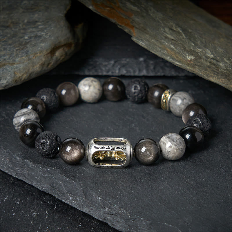 Wear FengShui Silver Sheen Obsidian Lava Rock Grey Jasper Om Mani Padme Hum Vajra Soothing Bracelet