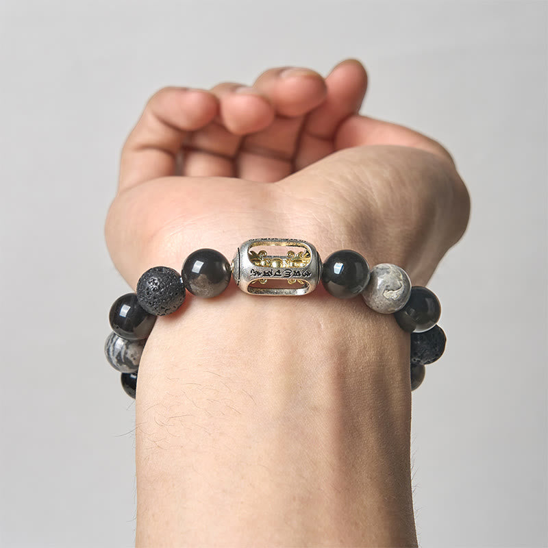 Wear FengShui Silver Sheen Obsidian Lava Rock Grey Jasper Om Mani Padme Hum Vajra Soothing Bracelet