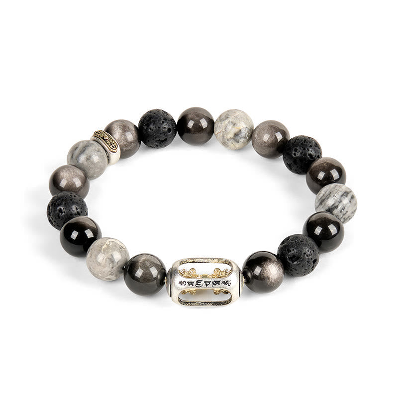 Wear FengShui Silver Sheen Obsidian Lava Rock Grey Jasper Om Mani Padme Hum Vajra Soothing Bracelet