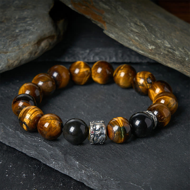Wear FengShui Tiger Eye Silver Sheen Obsidian Meditation Buddha Head Protection Bracelet