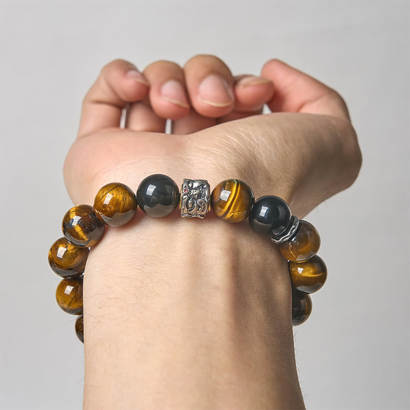 Wear FengShui Tiger Eye Silver Sheen Obsidian Meditation Buddha Head Protection Bracelet