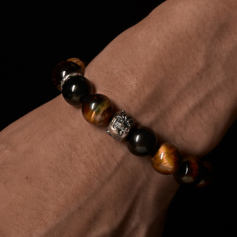 Wear FengShui Tiger Eye Silver Sheen Obsidian Meditation Buddha Head Protection Bracelet