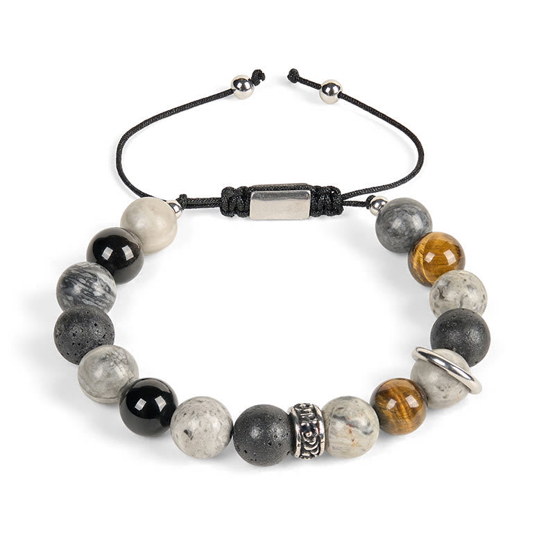 Wear FengShui Grey Jasper Lava Rock Silver Sheen Obsidian Tiger Eye Healing Bracelet