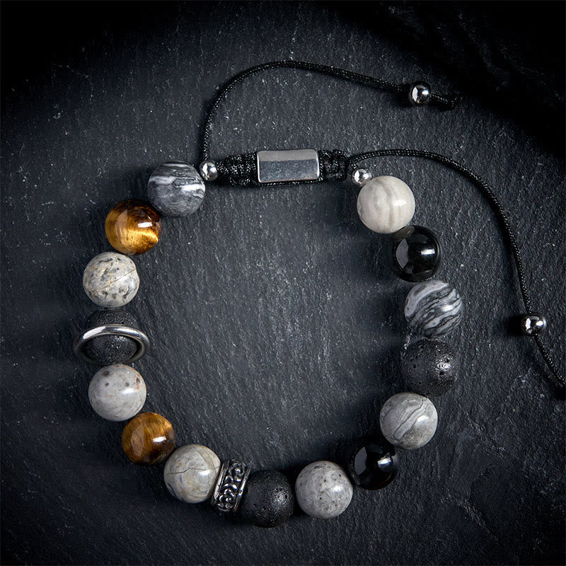 Wear FengShui Grey Jasper Lava Rock Silver Sheen Obsidian Tiger Eye Healing Bracelet