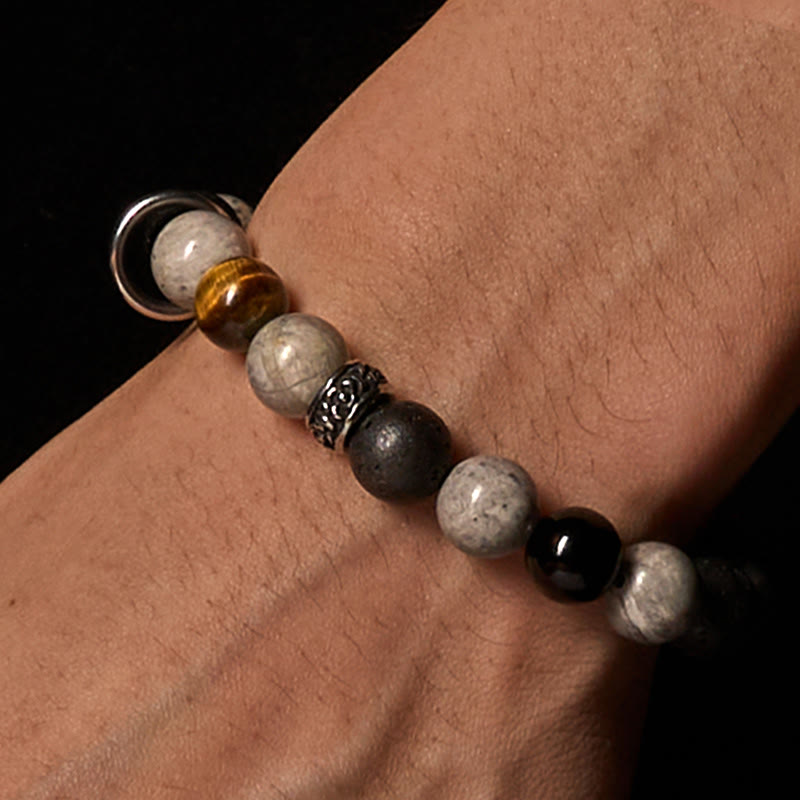 Wear FengShui Grey Jasper Lava Rock Silver Sheen Obsidian Tiger Eye Healing Bracelet