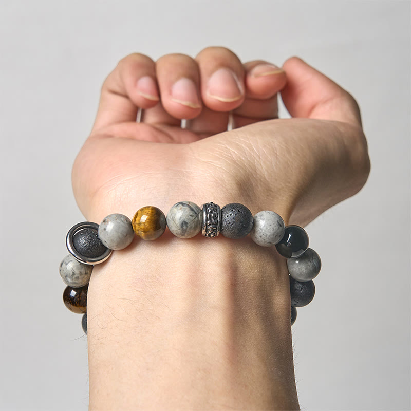 Wear FengShui Grey Jasper Lava Rock Silver Sheen Obsidian Tiger Eye Healing Bracelet