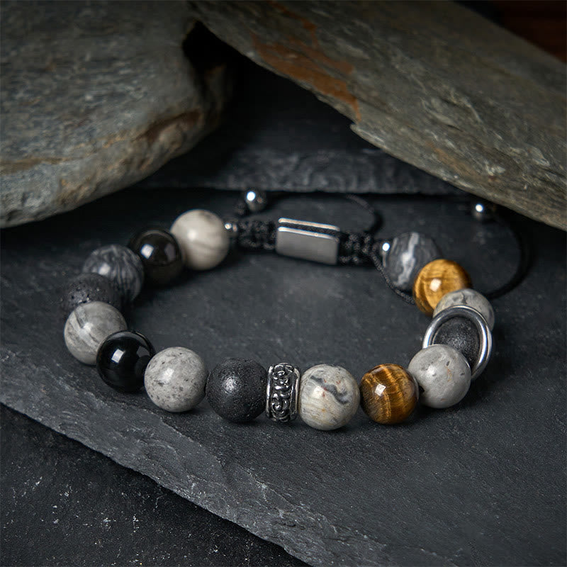 Wear FengShui Grey Jasper Lava Rock Silver Sheen Obsidian Tiger Eye Healing Bracelet