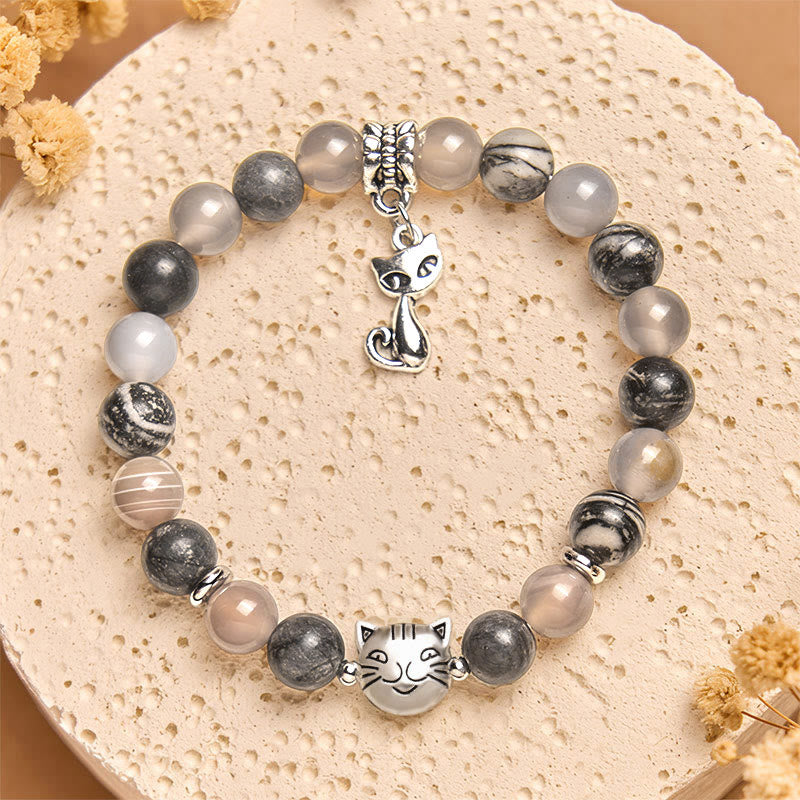 Wear FengShui Birman Cat Natural Grey Jasper Agate Bead Healing Bracelet