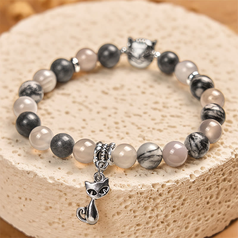 Wear FengShui Birman Cat Natural Grey Jasper Agate Bead Healing Bracelet