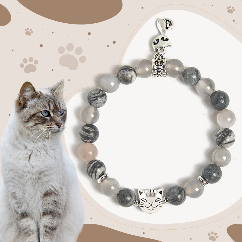Wear FengShui Birman Cat Natural Grey Jasper Agate Bead Healing Bracelet
