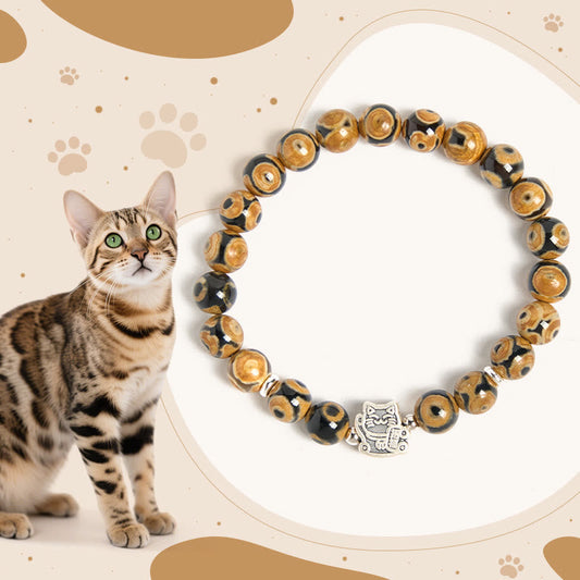Wear FengShui 925 Sterling Silver Brown Tabby Cat Stone Bead Blessings Bracelet