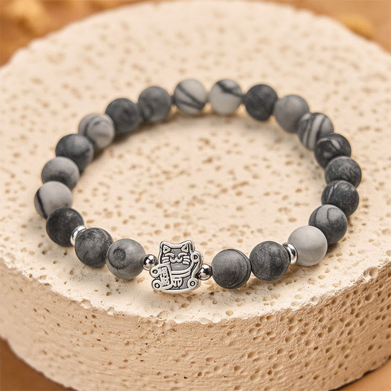 Wear FengShui 925 Sterling Silver Grey Tabby Cat Natural Black Veined Jasper Stability Bracelet