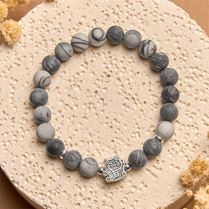 Wear FengShui 925 Sterling Silver Grey Tabby Cat Natural Black Veined Jasper Stability Bracelet