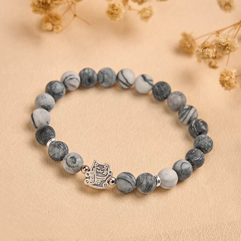 Wear FengShui 925 Sterling Silver Grey Tabby Cat Natural Black Veined Jasper Stability Bracelet