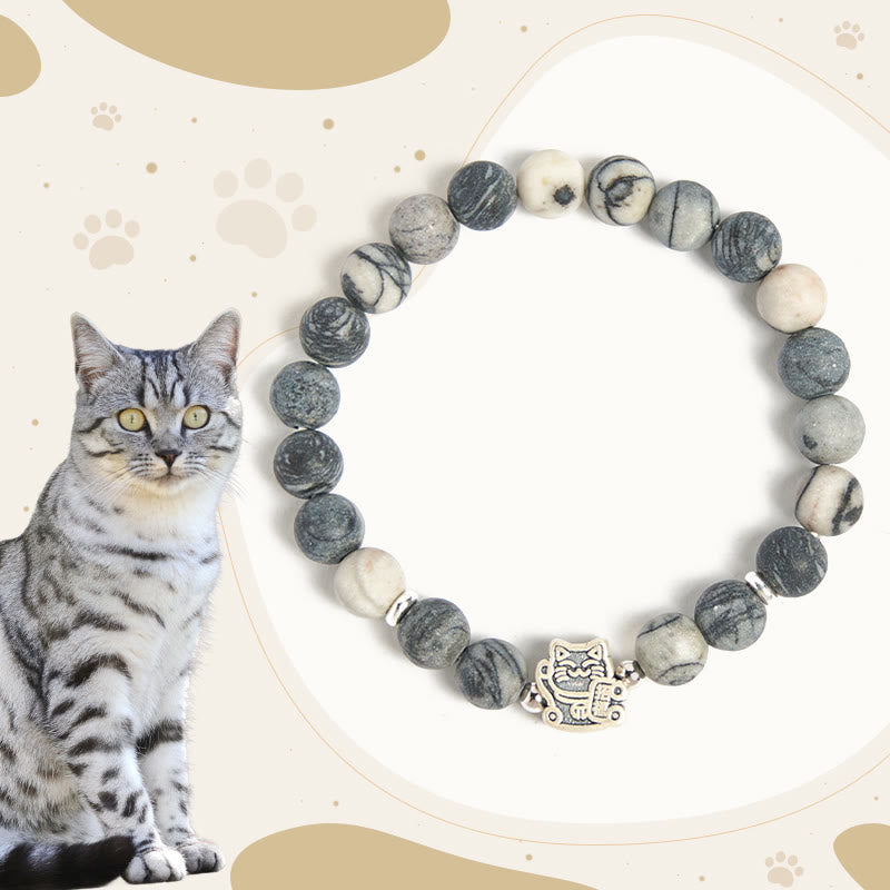 Wear FengShui 925 Sterling Silver Grey Tabby Cat Natural Black Veined Jasper Stability Bracelet