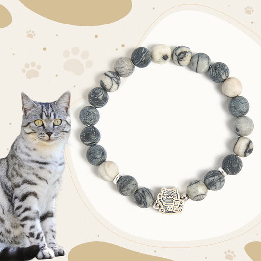 Wear FengShui 925 Sterling Silver Grey Tabby Cat Natural Black Veined Jasper Stability Bracelet