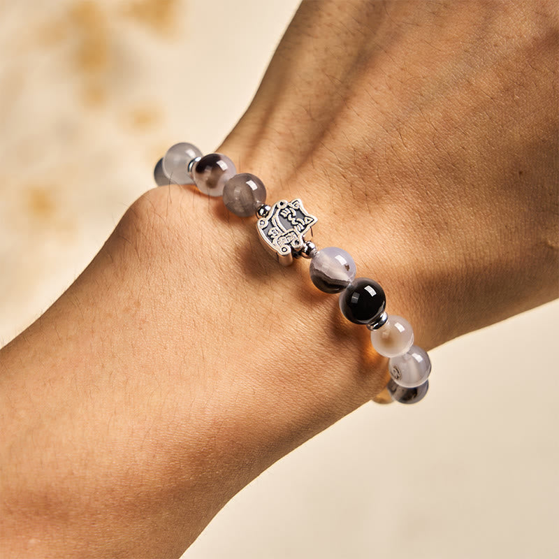Wear FengShui 925 Sterling Silver Calico Cat Natural Agate Stone Protection Bracelet